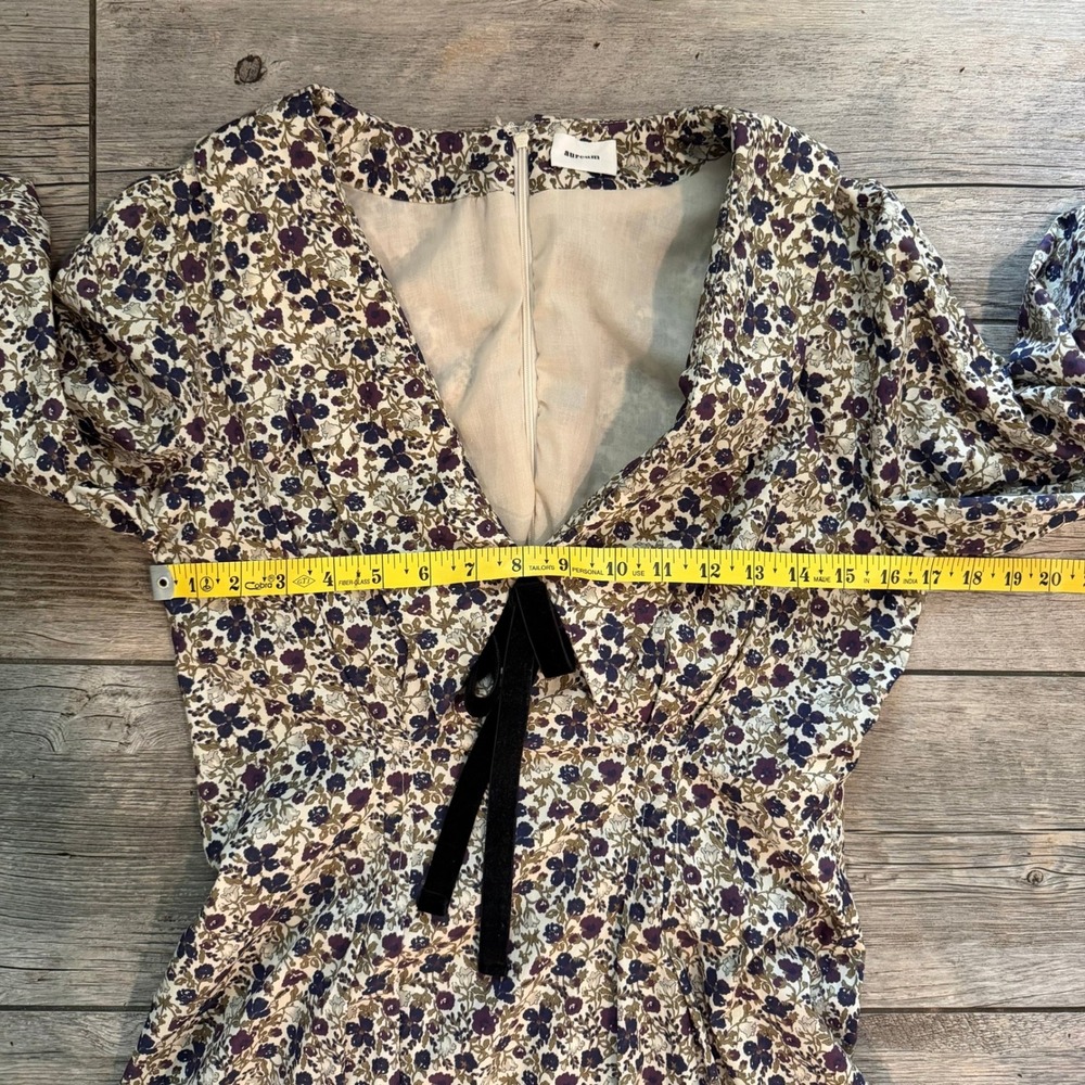 Aureum Floral Cotton V-Neck Mini Dress with Velvet Bow Purple Tan AD1744 Small - Picture 9 of 9